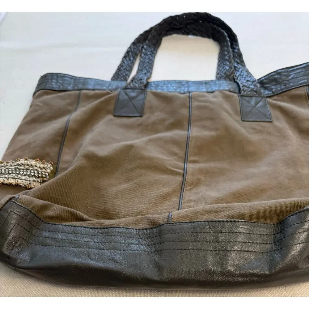 EUC Ambre Babzoe Canvas Lamb Leather Tote Bag Braided Leather Straps Brown Gray